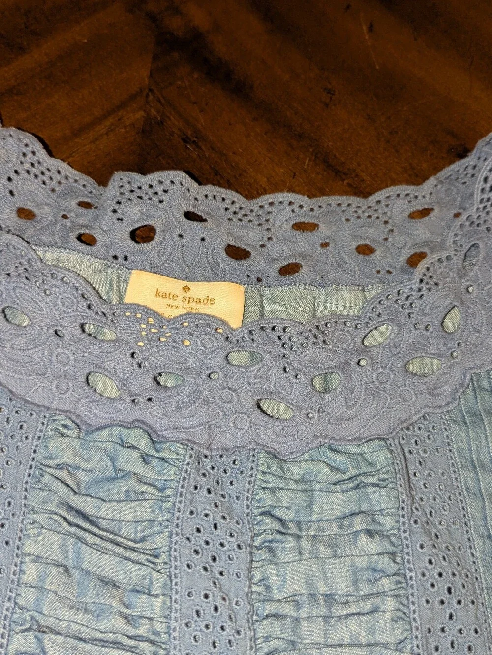 Kate Spade Blue Chambray Lace Trim Peplum Blouse Size 12